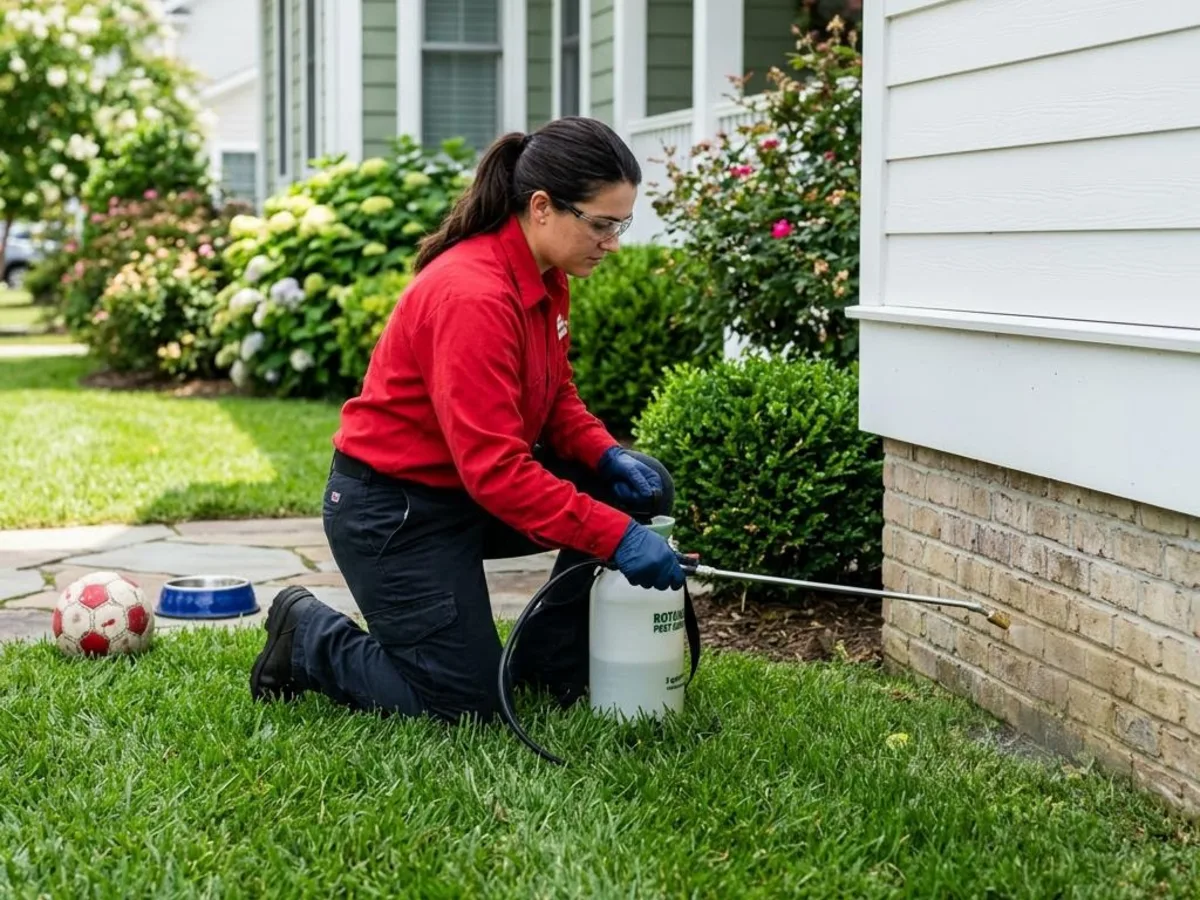 Universal Pest technician applying a plant-based perimeter treatment along the foundation of a Hampton Roads home with a dog bowl and a child's ball on the lawn
