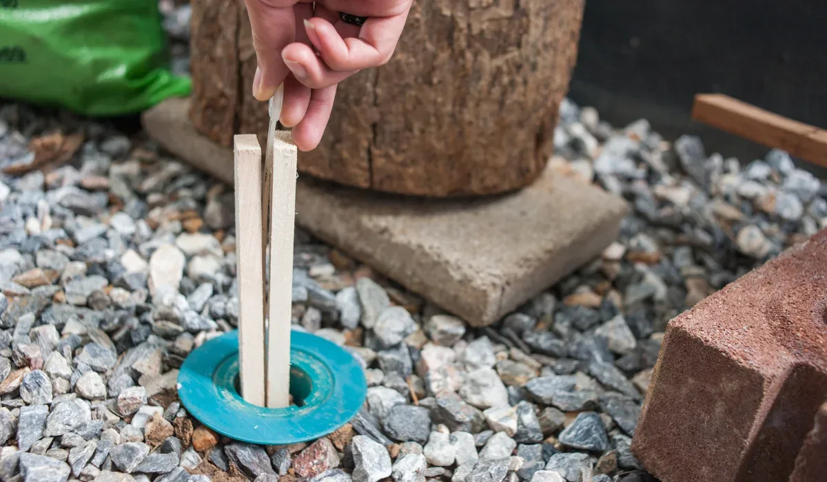 In-ground termite bait station installed in the soil beside the foundation of a Hampton Roads home, part of a monitored baiting system.