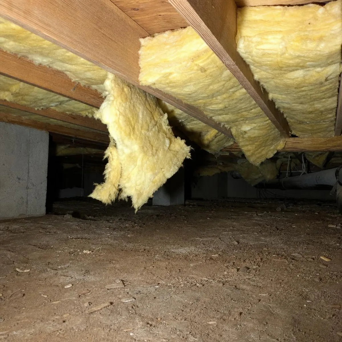 Inside a crawl space, fiberglass insulation batts sag away from the floor joists above bare soil, with one section pulled loose and hanging down.