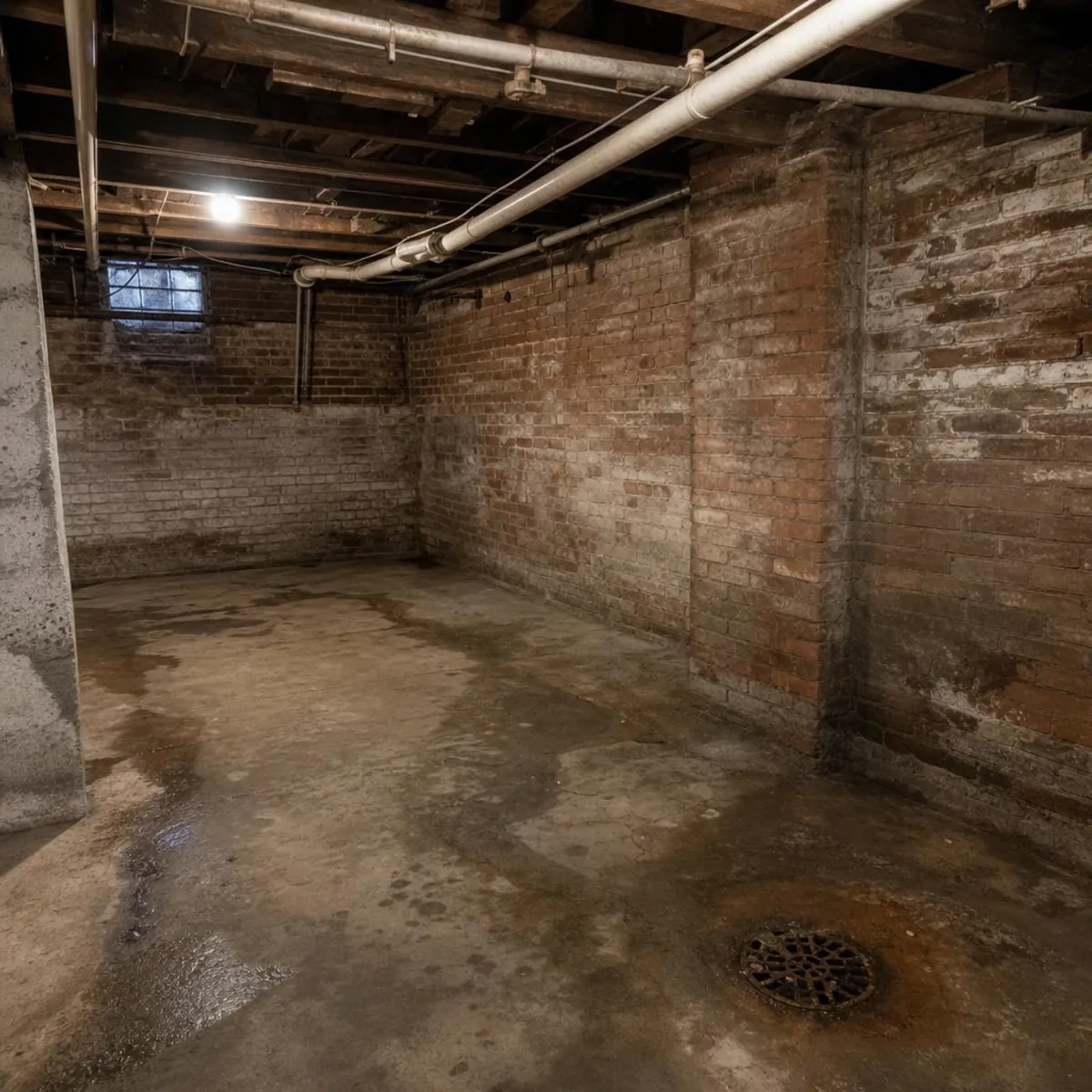 An old brick basement under a historic house, with a damp concrete floor, exposed plumbing pipes and a floor drain in the corner.