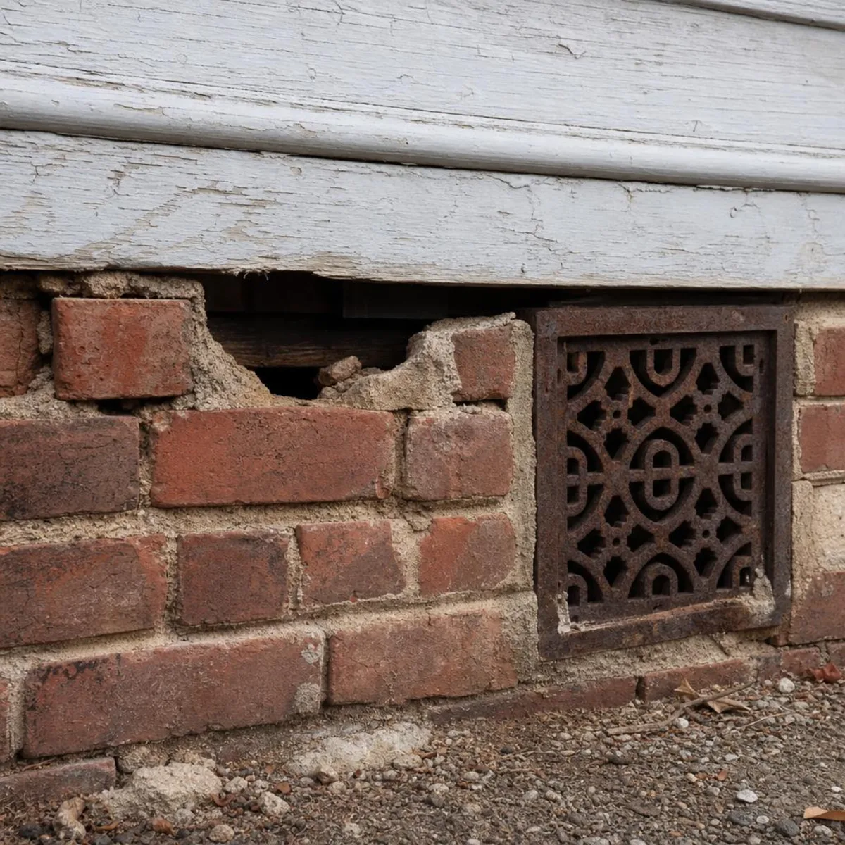 The aged brick foundation of a historic home, with crumbling mortar leaving an open gap beneath the painted wooden sill and beside a rusted vent grate.