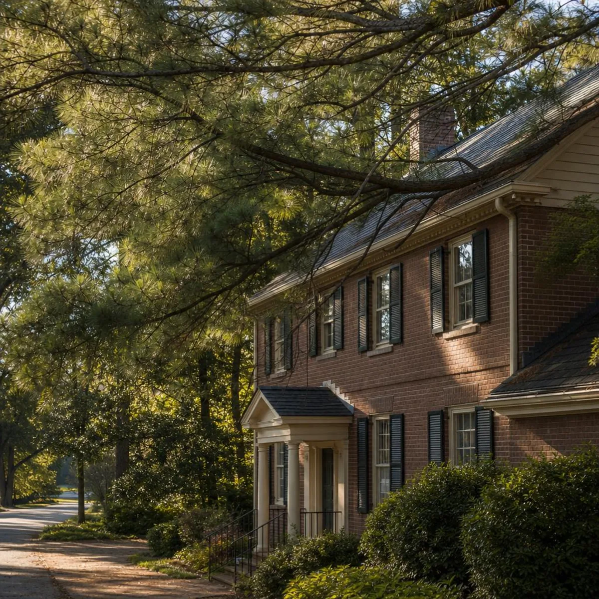 Tall pines standing over the roofline of a two-story brick home on a wooded Virginia Beach street, with branches reaching across the gutter line.