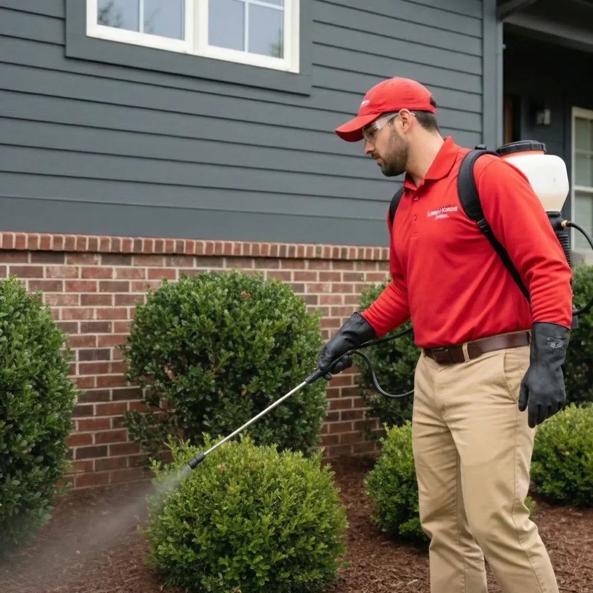 Universal Pest & Termite technician in uniform inspecting the exterior foundation of a Hampton Roads home before quoting a treatment plan.