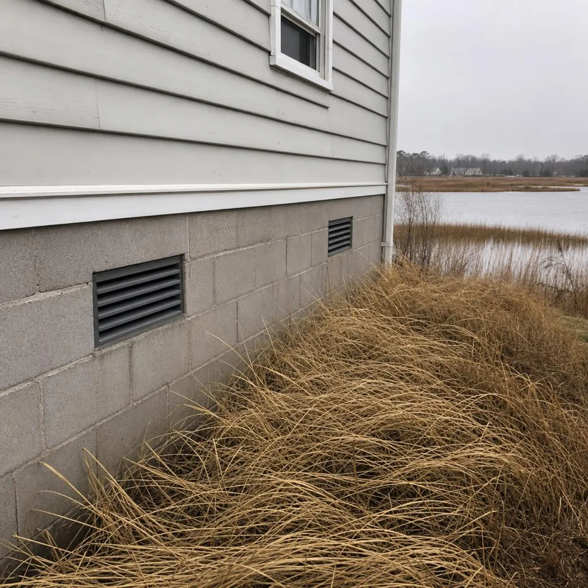 Crawl space vents set in the block foundation of a small waterfront house, with brown winter marsh grass growing close to the wall under a grey sky.