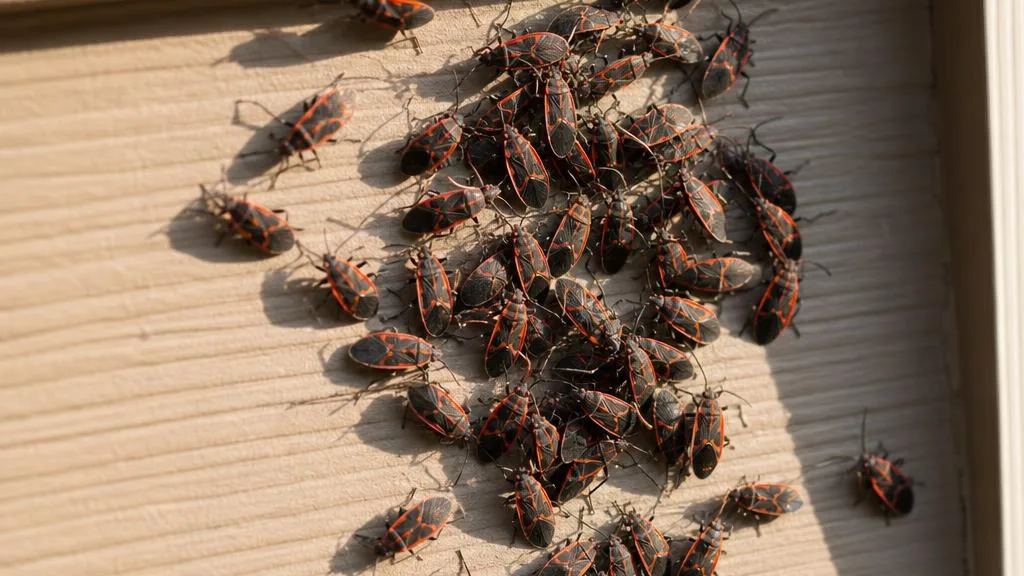 Cluster of boxelder bugs on sunlit home siding in Hampton Roads