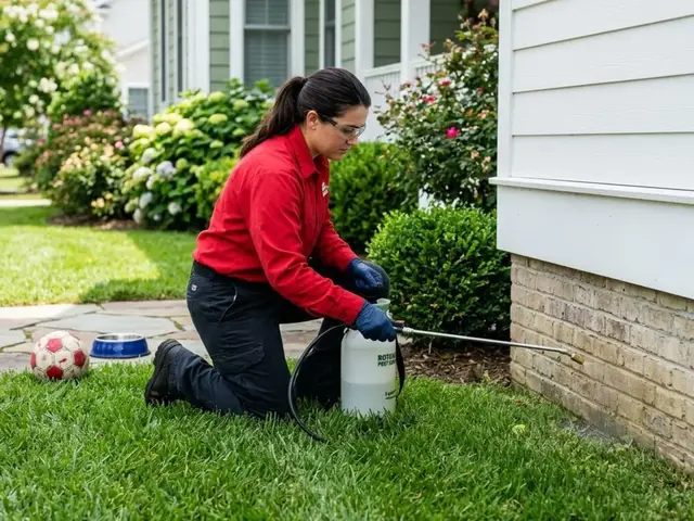 Universal Pest technician applying a pet-safe perimeter treatment along the foundation of a Hampton Roads home with a dog resting on the grass nearby