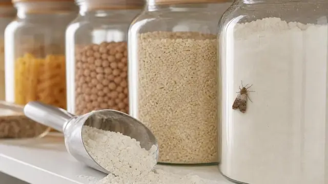 Pantry moths near flour on a kitchen pantry shelf treated by Universal Pest in Hampton Roads