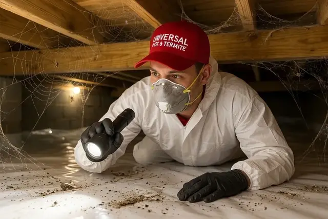 A Universal Pest & Termite inspector in coveralls and a respirator shining a flashlight through a home's crawl space during a termite inspection