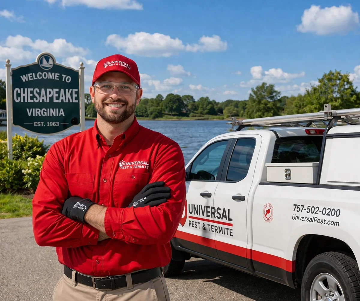Universal Pest & Termite technician by the company service truck at the Welcome to Chesapeake, Virginia sign