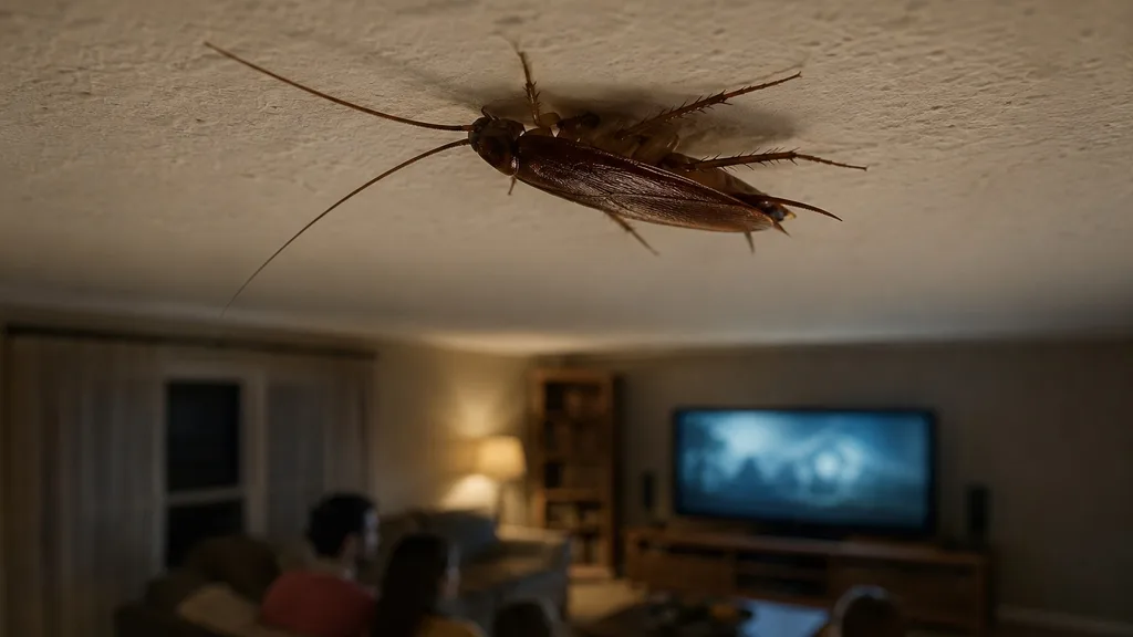 Cockroach crawling upside down on a living room ceiling while a family watches TV below in a Hampton Roads home