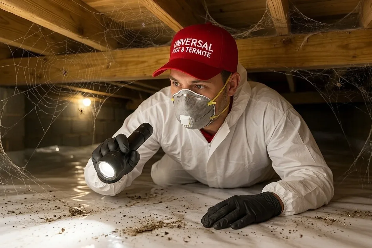 Universal Pest & Termite inspector in white coveralls, respirator and gloves lying on the vapor barrier of a crawl space, aiming a flashlight up at cobwebbed floor joists beside a block foundation wall