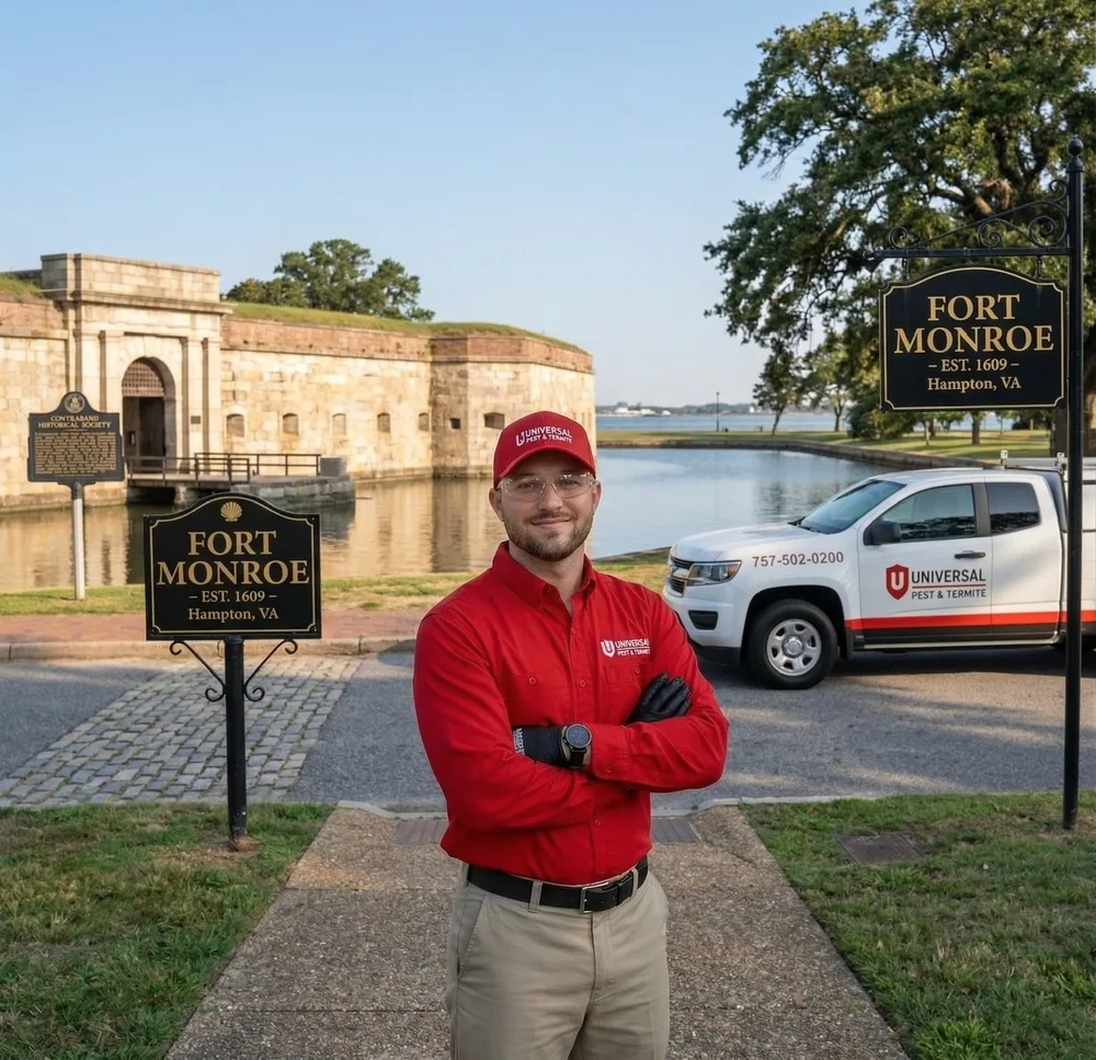 A Universal Pest & Termite technician with a marked service truck by the Fort Monroe, Est. 1609 sign in Hampton, VA