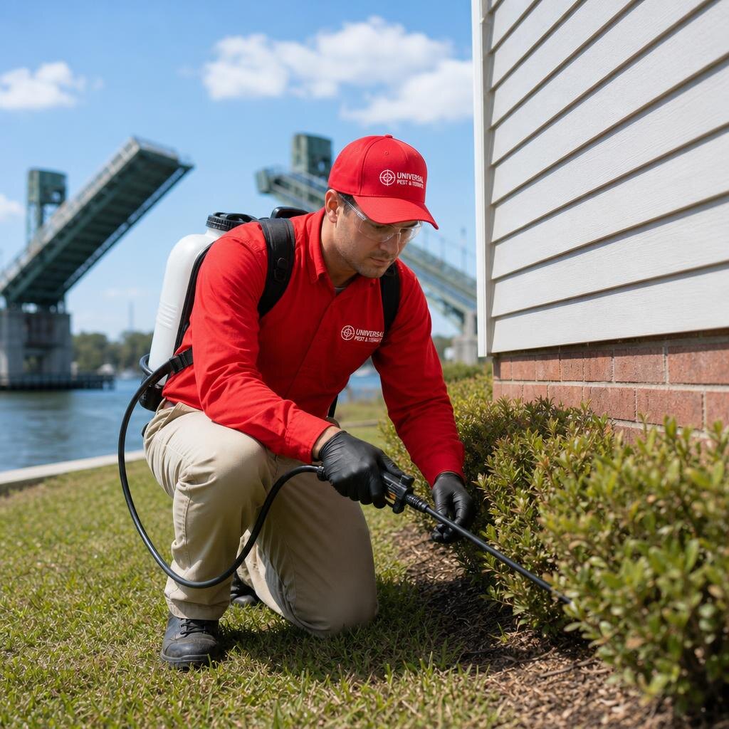 Universal Pest & Termite technician treating a home in Chesapeake, VA, with the Great Bridge drawbridge over the Intracoastal Waterway in the background
