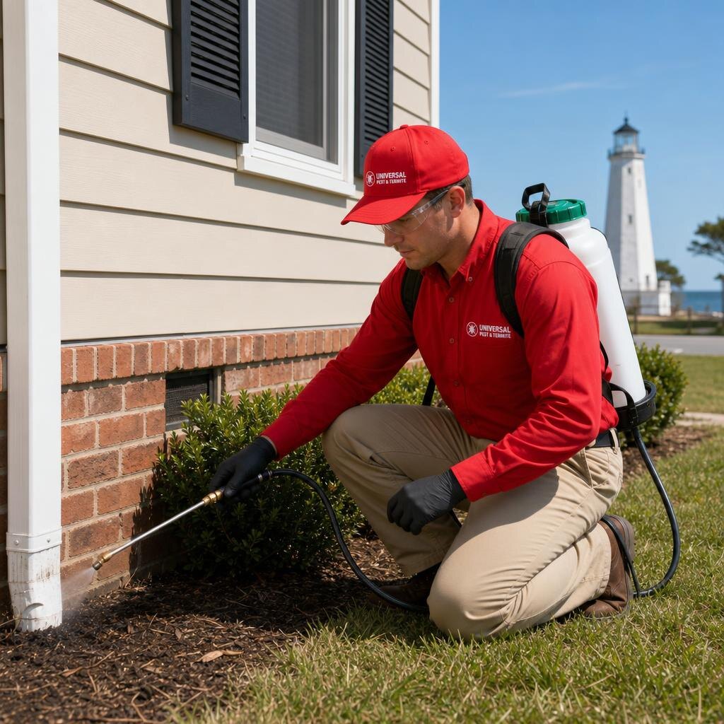 Universal Pest & Termite technician treating a home in Hampton, VA, with the Old Point Comfort Lighthouse at Fort Monroe on the Chesapeake Bay in the background