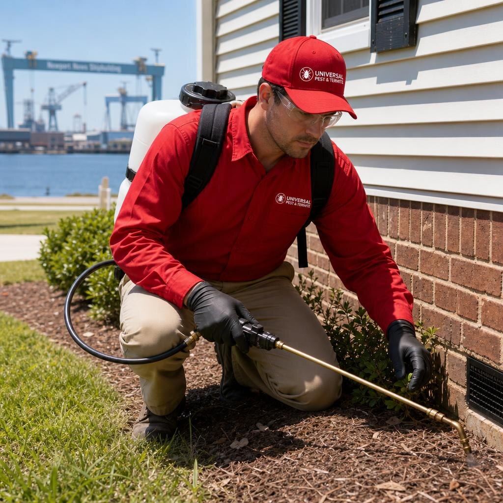 Universal Pest & Termite technician treating a home in Newport News, VA, with the shipbuilding gantry cranes on the waterfront in the background