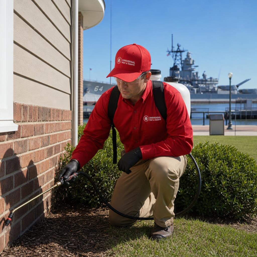 Universal Pest & Termite technician treating a home in Norfolk, VA, with the battleship USS Wisconsin on the downtown waterfront in the background