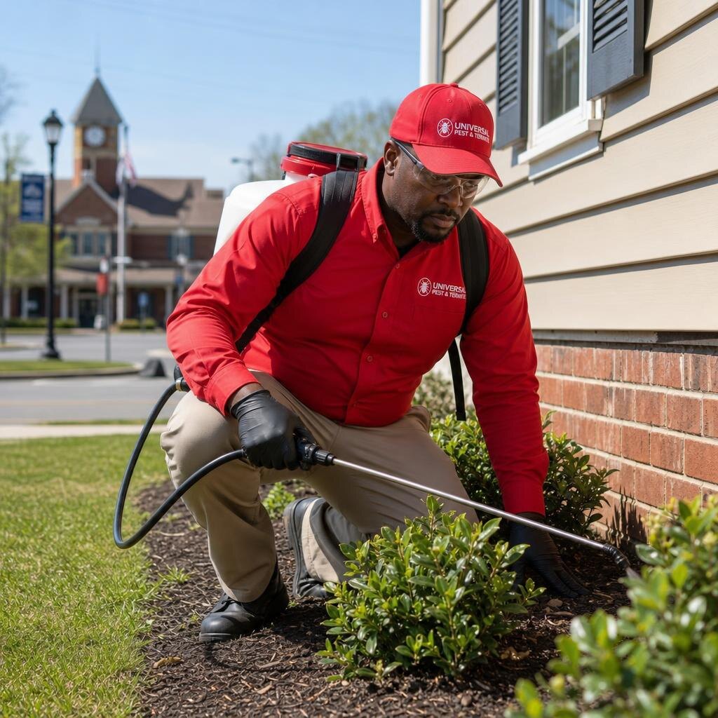 Universal Pest & Termite technician treating a home in Suffolk, VA, with the historic downtown main street and Seaboard railroad station in the background