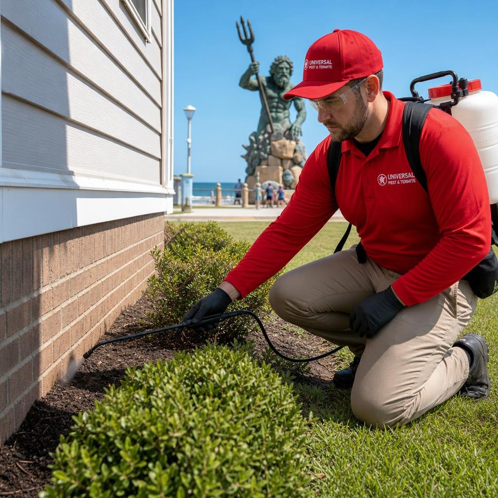 Universal Pest & Termite technician treating a home in Virginia Beach, VA, with the King Neptune statue at the oceanfront boardwalk in the background