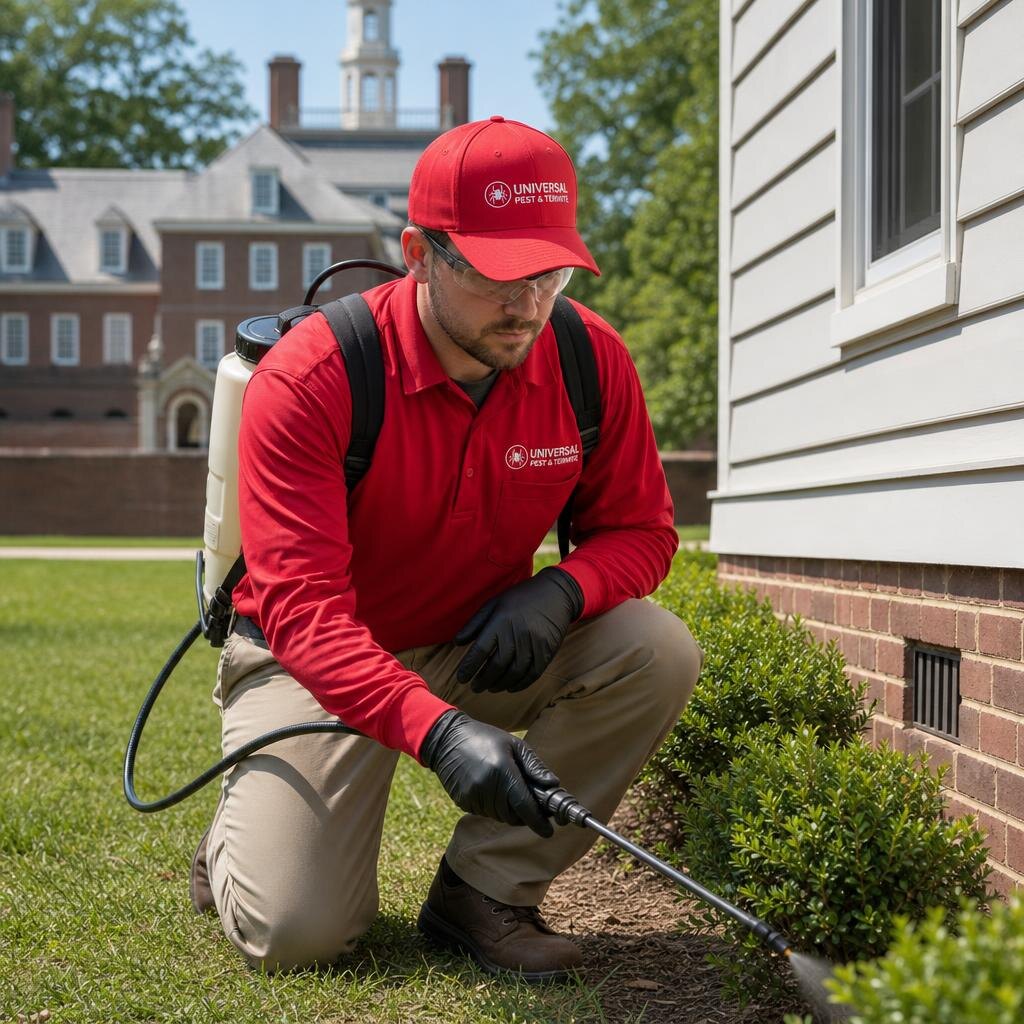 Universal Pest & Termite technician treating a home in Williamsburg, VA, with the Governor's Palace of Colonial Williamsburg in the background