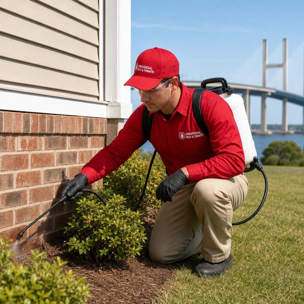 Universal Pest & Termite technician treating a home in York County, VA, with the George P. Coleman Memorial Bridge spanning the York River in the background