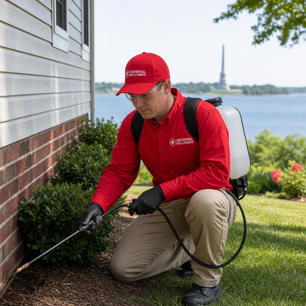 Universal Pest & Termite technician treating a home in Yorktown, VA, with the Yorktown Victory Monument overlooking the York River in the background