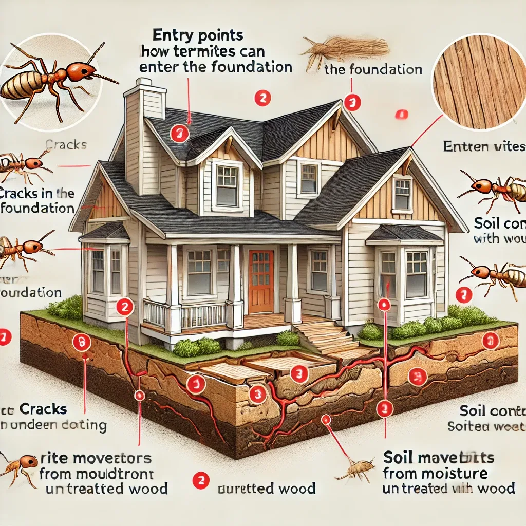 Cutaway illustration of a two-story home down to the soil showing how subterranean termites enter a home — through foundation cracks, wood in direct contact with the ground, and moisture-damaged wood — with termites tunneling up from the dirt