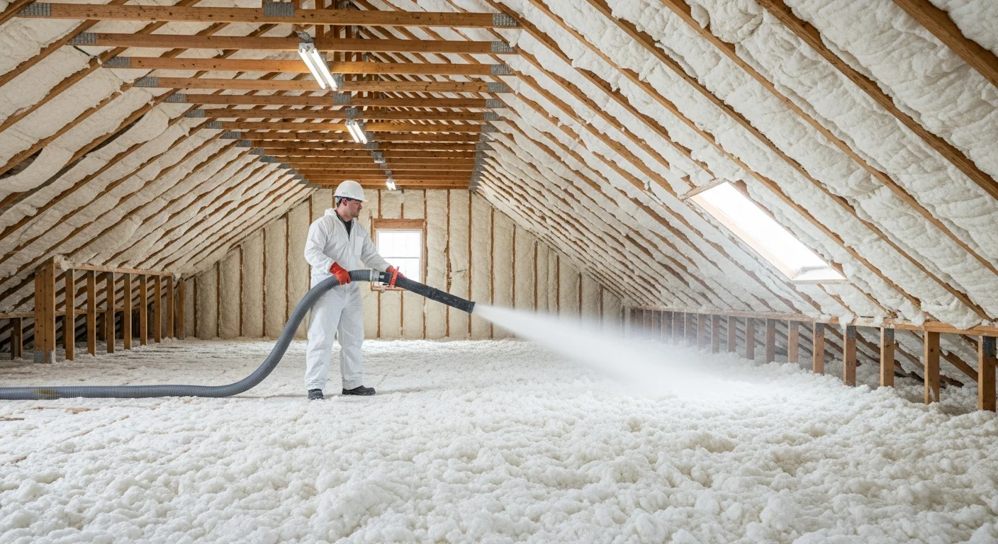 Universal Pest & Termite crew blowing in Pest Guard Insulation across a Hampton Roads attic floor