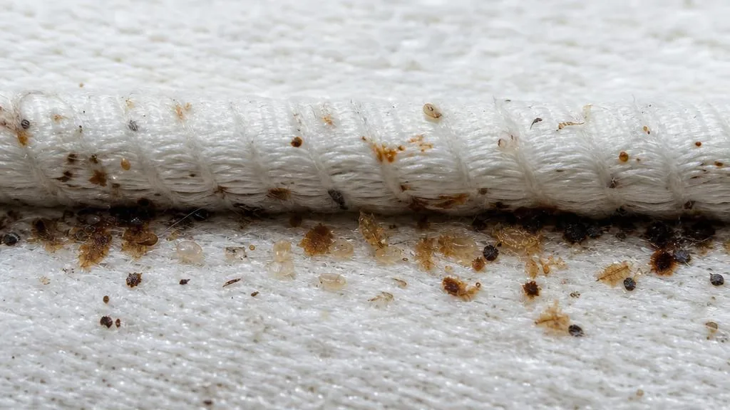 Rusty fecal spots, shed skins, and pale eggs along a mattress seam