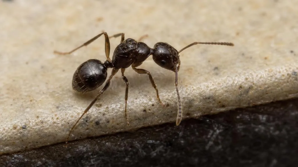 Small dark odorous house ant trailing along a kitchen counter edge