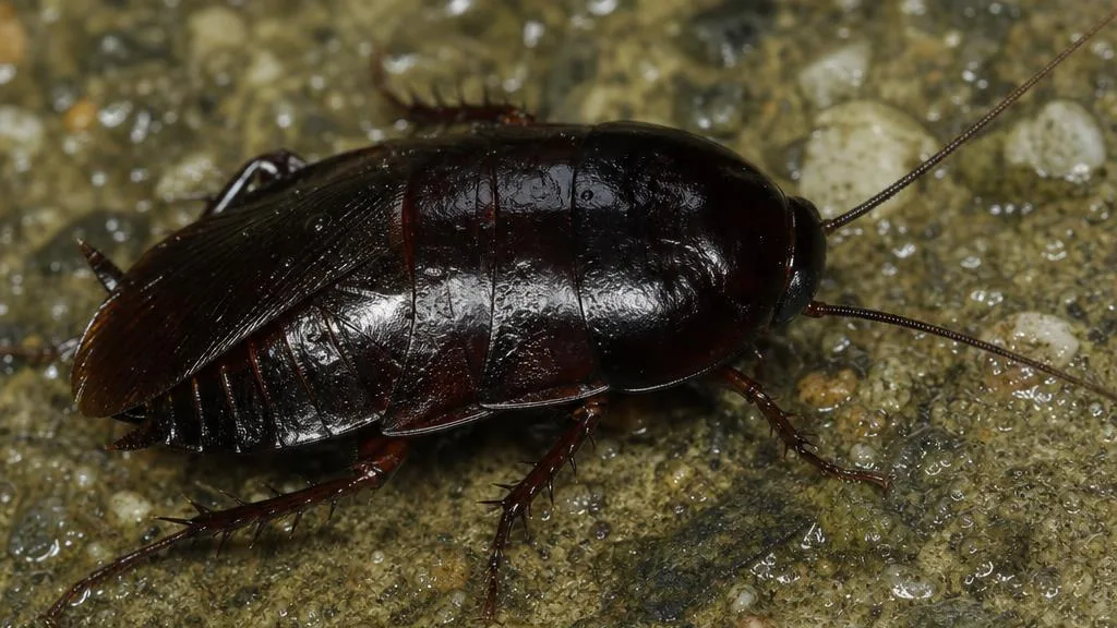 Shiny dark, almost black Oriental cockroach on damp concrete