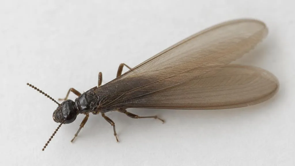 Dark subterranean termite swarmer with two pairs of equal-length translucent wings and straight antennae