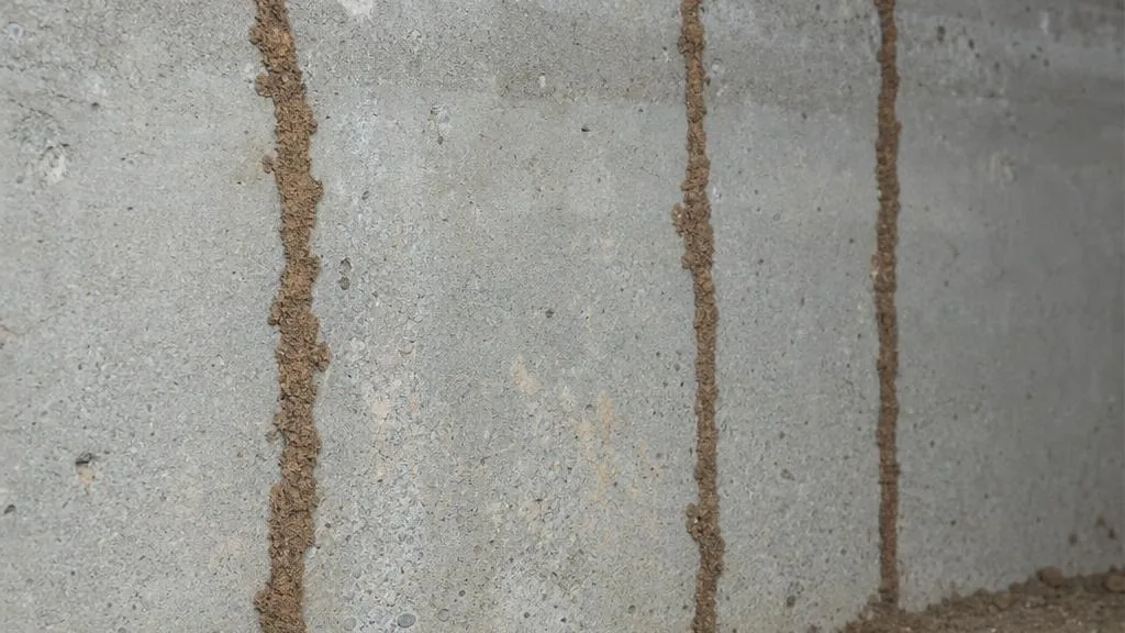 Brown pencil-width termite mud tubes running up a concrete foundation wall