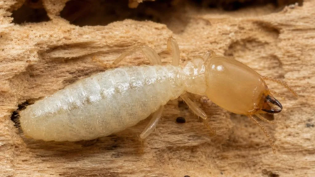 Creamy translucent-white wingless subterranean termite worker on damaged wood