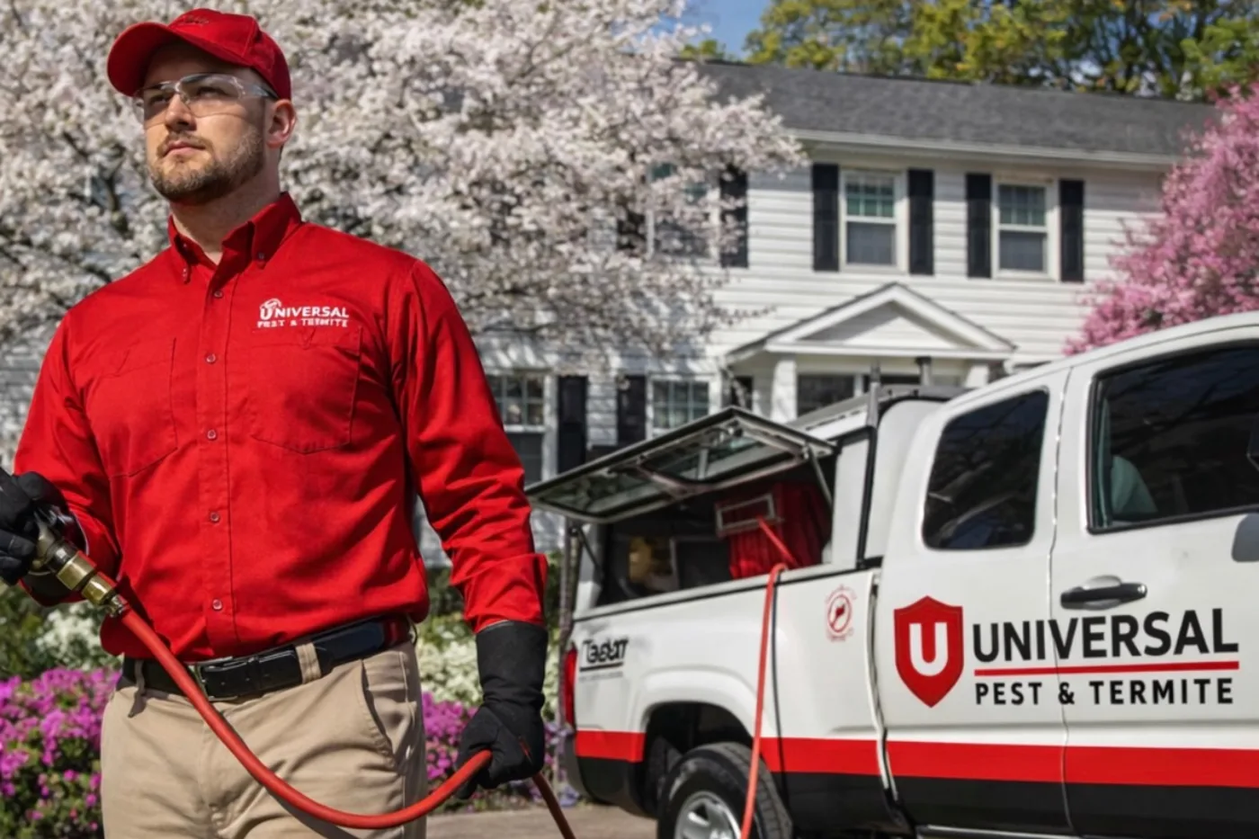Universal Pest & Termite technician in a red company shirt, red cap, safety glasses, and black gloves holding a spray wand connected by a red hose to a branded white service truck in the driveway of a two-story colonial home during a liquid termite treatment