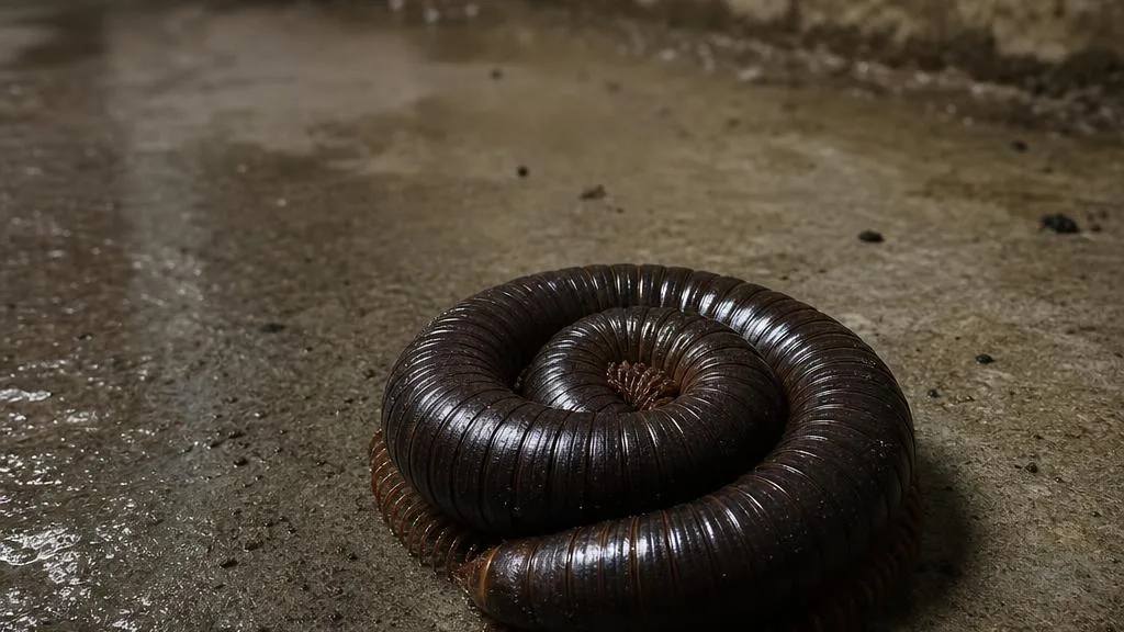 Millipede curled on a damp basement floor before Universal Pest perimeter treatment in Hampton Roads