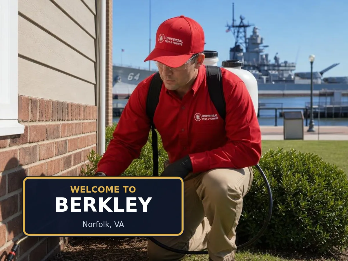 Universal Pest & Termite technician treating a home in the Berkley neighborhood of Norfolk, VA