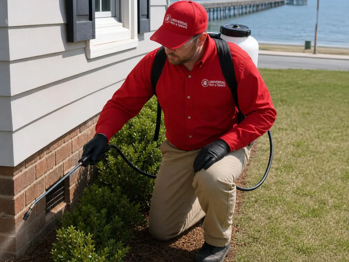 Universal Pest & Termite technician treating a home in Buckroe, Hampton, VA, with the Buckroe Beach fishing pier on the Chesapeake Bay in the background