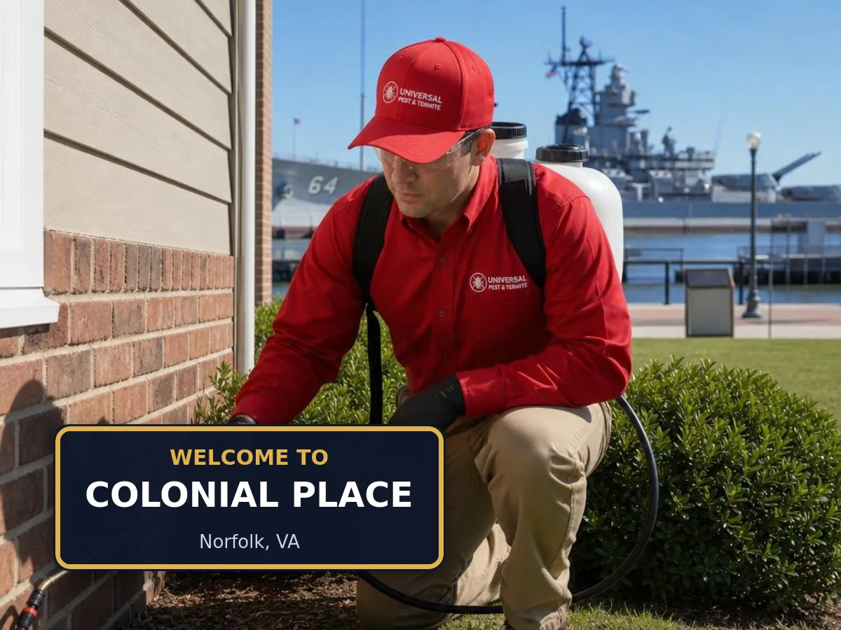 Universal Pest & Termite technician treating a home in the Colonial Place neighborhood of Norfolk, VA