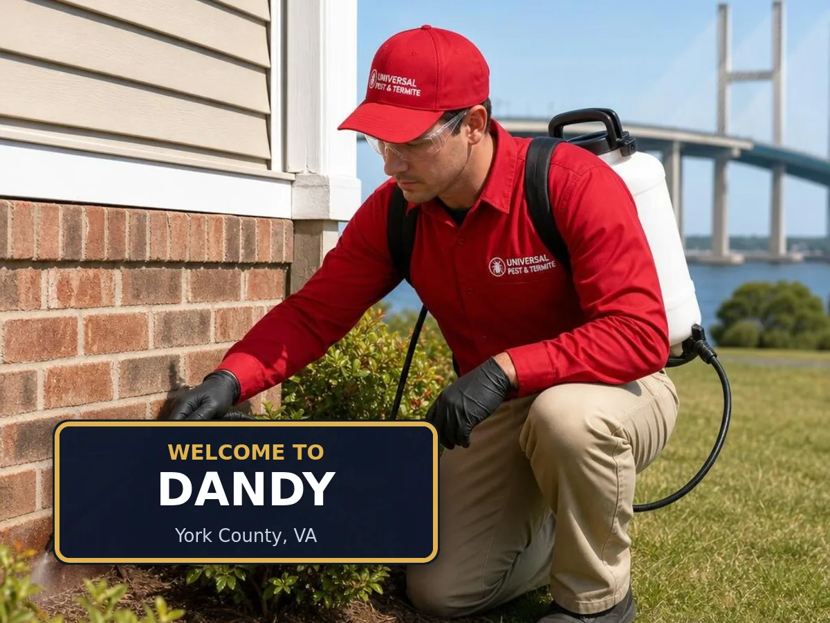 Universal Pest & Termite technician treating a home in the Dandy neighborhood of York County, VA