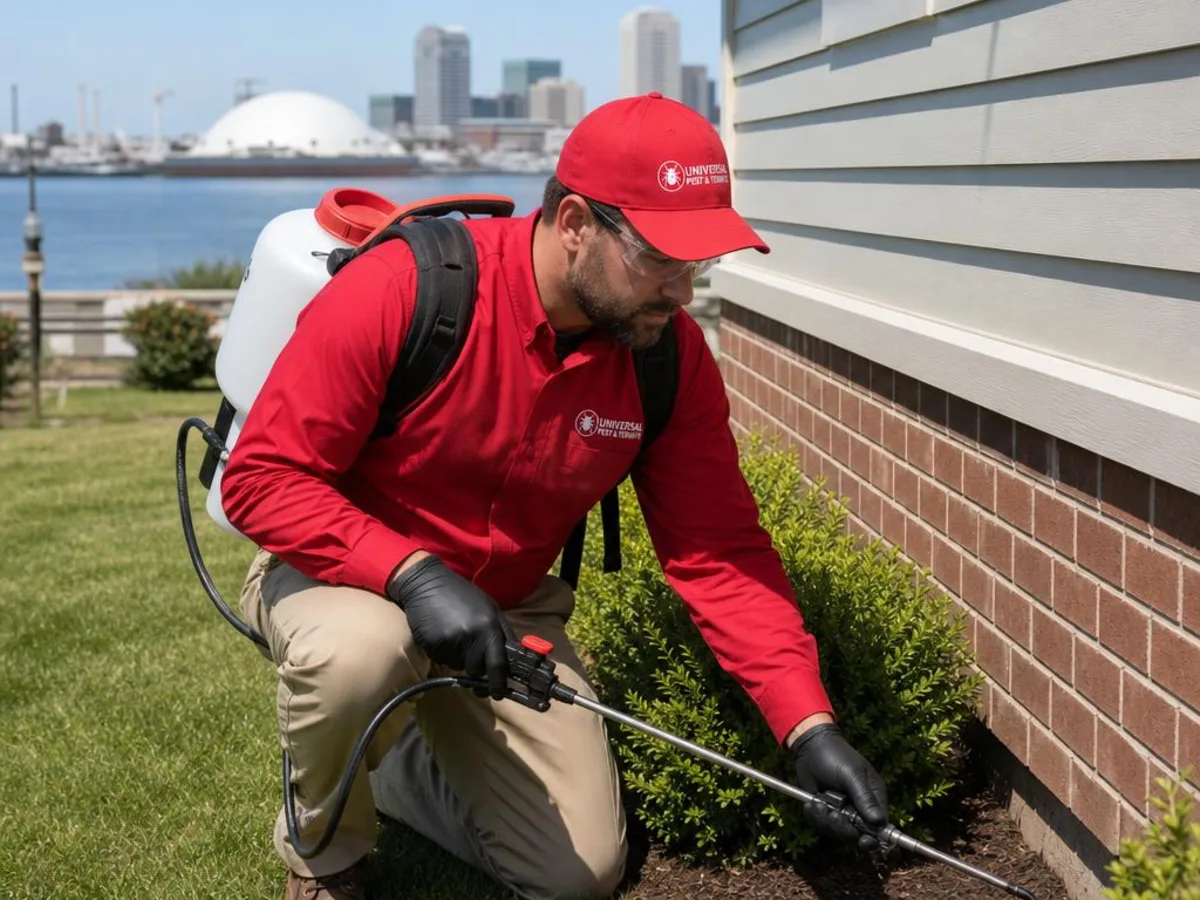 Universal Pest & Termite technician treating a home in Downtown Hampton, Hampton, VA, with the downtown Hampton waterfront and Air and Space Center dome in the background
