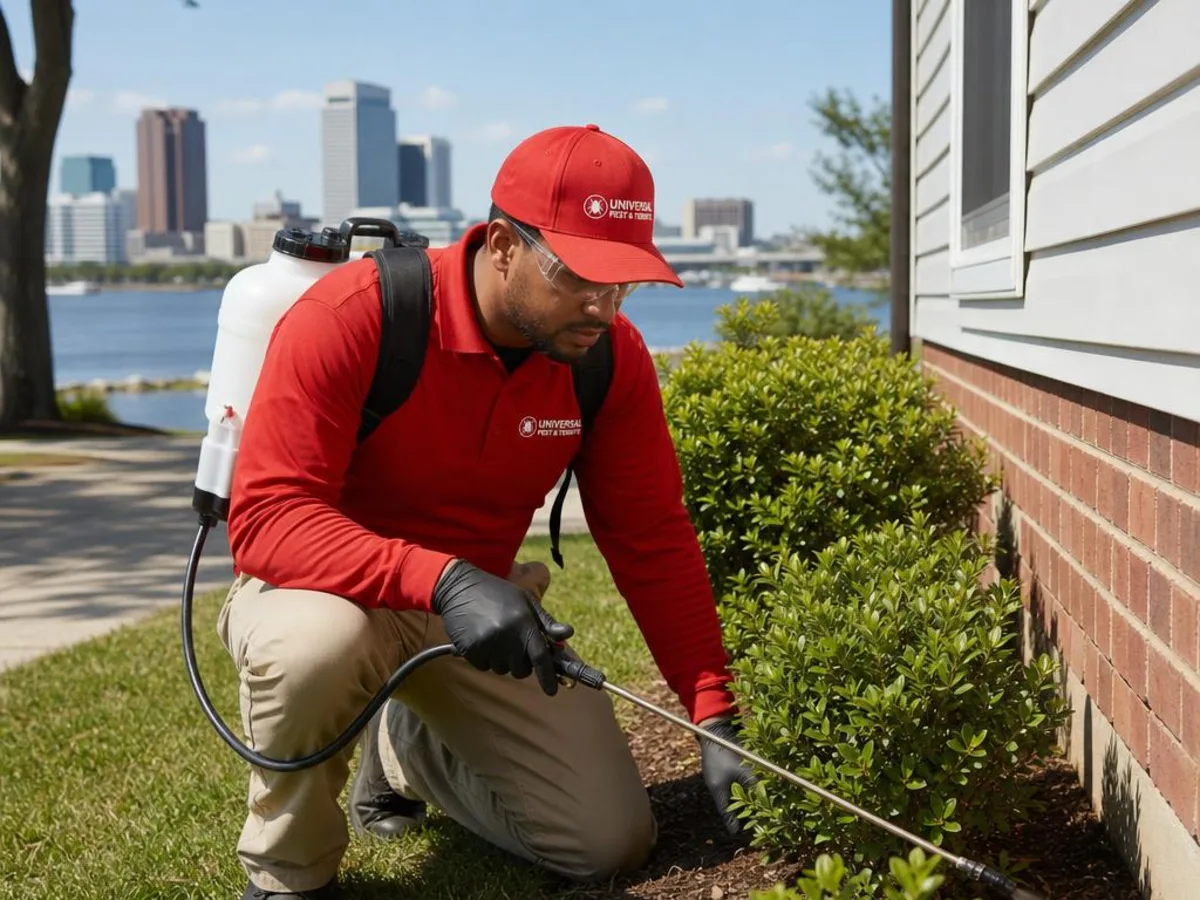 Universal Pest & Termite technician treating a home in Downtown, Norfolk, VA, with the downtown Norfolk skyline and Elizabeth River in the background