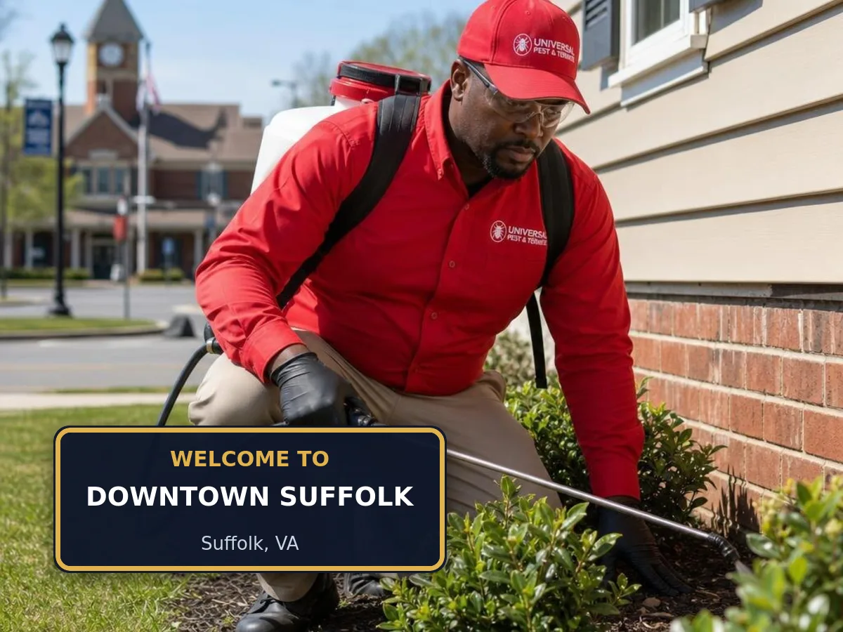 Universal Pest & Termite technician treating a home in the Downtown Suffolk neighborhood of Suffolk, VA