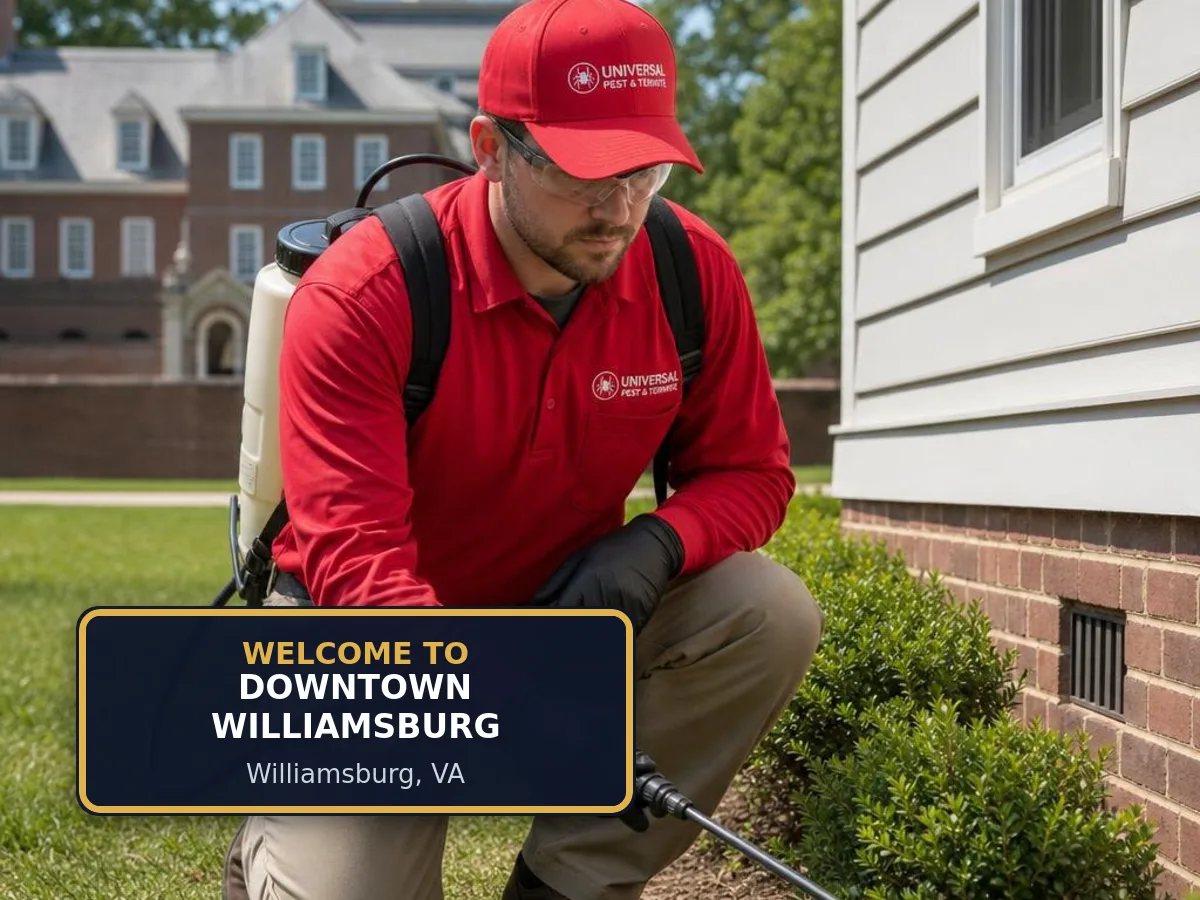 Universal Pest & Termite technician treating a home in Downtown Williamsburg, Williamsburg, VA, beside a "Welcome to Downtown Williamsburg" sign