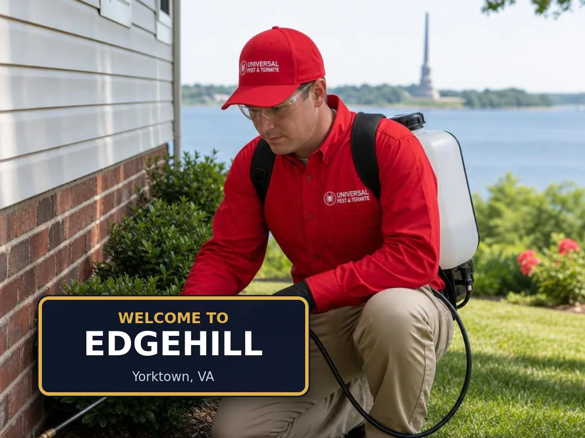 Universal Pest & Termite technician treating a home in the Edgehill neighborhood of Yorktown, VA