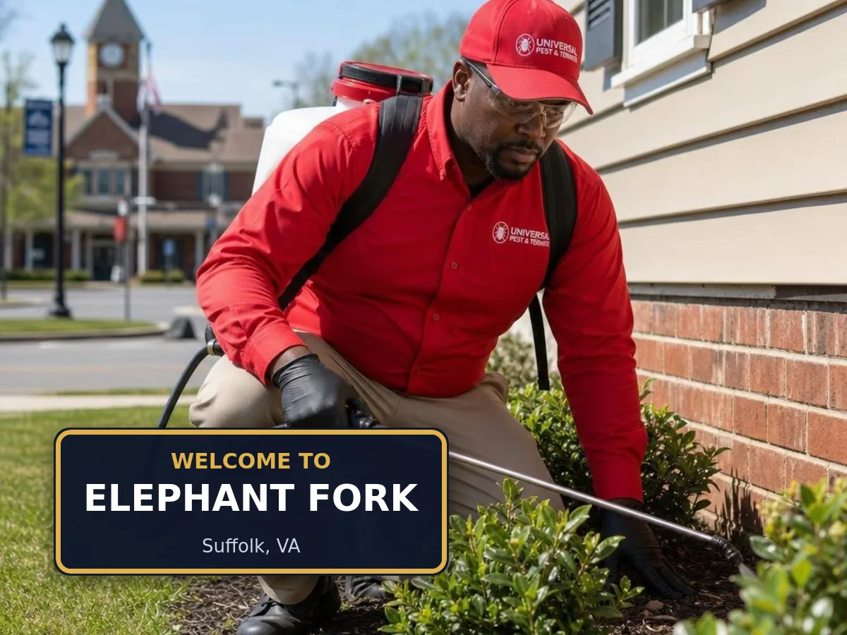 Universal Pest & Termite technician treating a home in Elephant Fork, Suffolk, VA, beside a "Welcome to Elephant Fork" sign