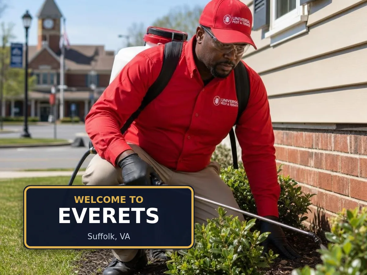 Universal Pest & Termite technician treating a home in Everets, Suffolk, VA, beside a "Welcome to Everets" sign