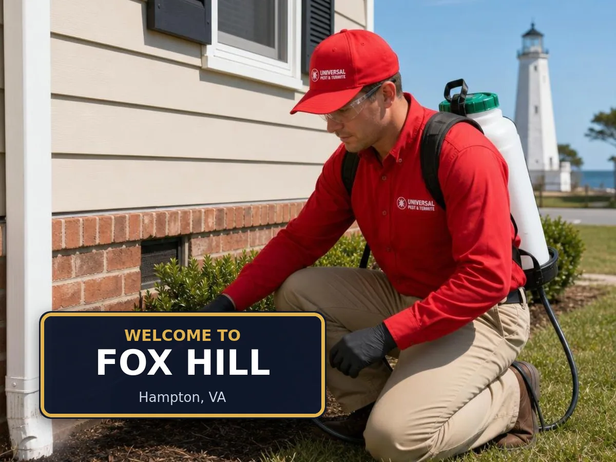 Universal Pest & Termite technician treating a home in the Fox Hill neighborhood of Hampton, VA