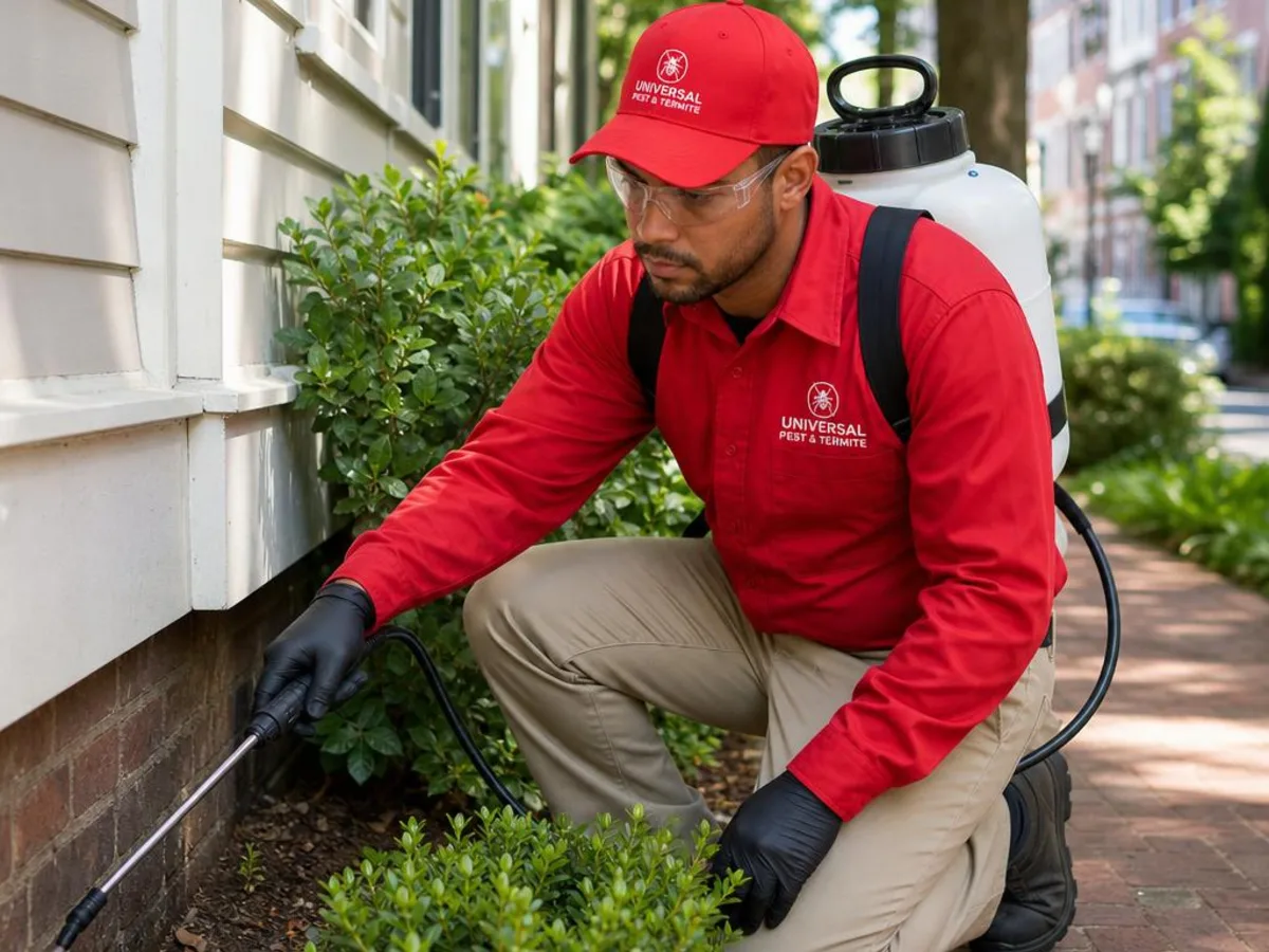 Universal Pest & Termite technician treating a home in Ghent, Norfolk, VA, with the historic tree-lined streets of Ghent in the background