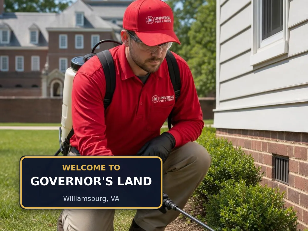 Universal Pest & Termite technician treating a home in Governor's Land, Williamsburg, VA, beside a "Welcome to Governor's Land" sign