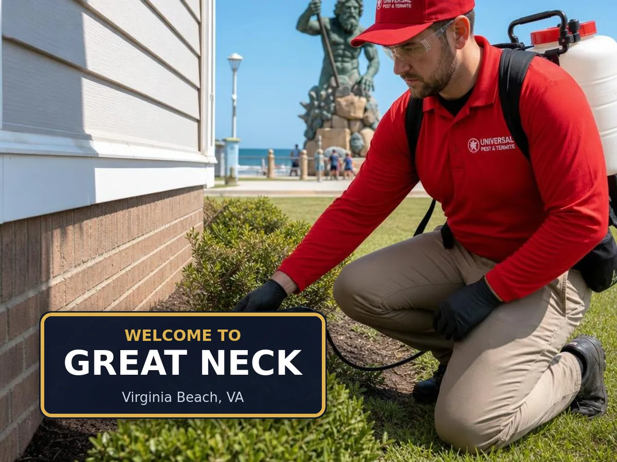 Universal Pest & Termite technician treating a home in the Great Neck neighborhood of Virginia Beach, VA